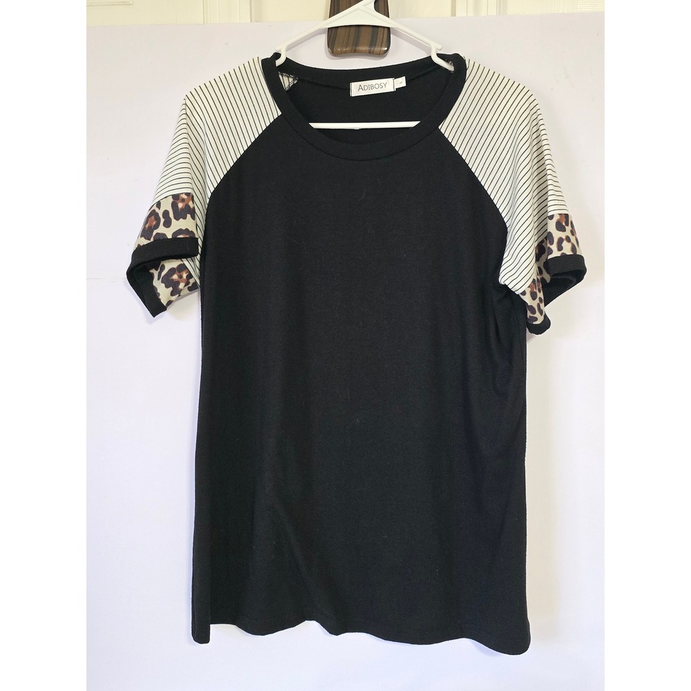 ADIBOSY Black Leopard Stripe Raglan Tee Shirt Top Women's‎ L